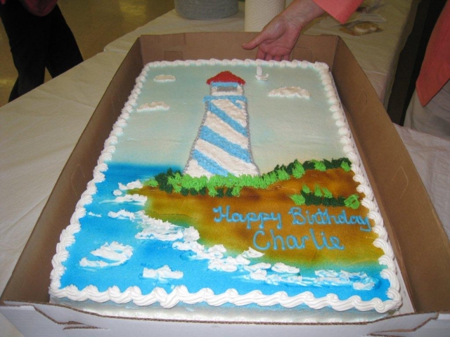 An appropriate cake decoration for Charlie.  One of his favorite songs is The Lighthouse. Mrs. Theresa Tanner did a wonderful job on the cake.