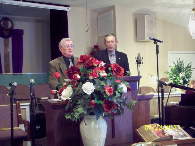 Song director, Robert Adams and Pastor George Cooley getting services started at Lakeview Baptist on January 23, 2011